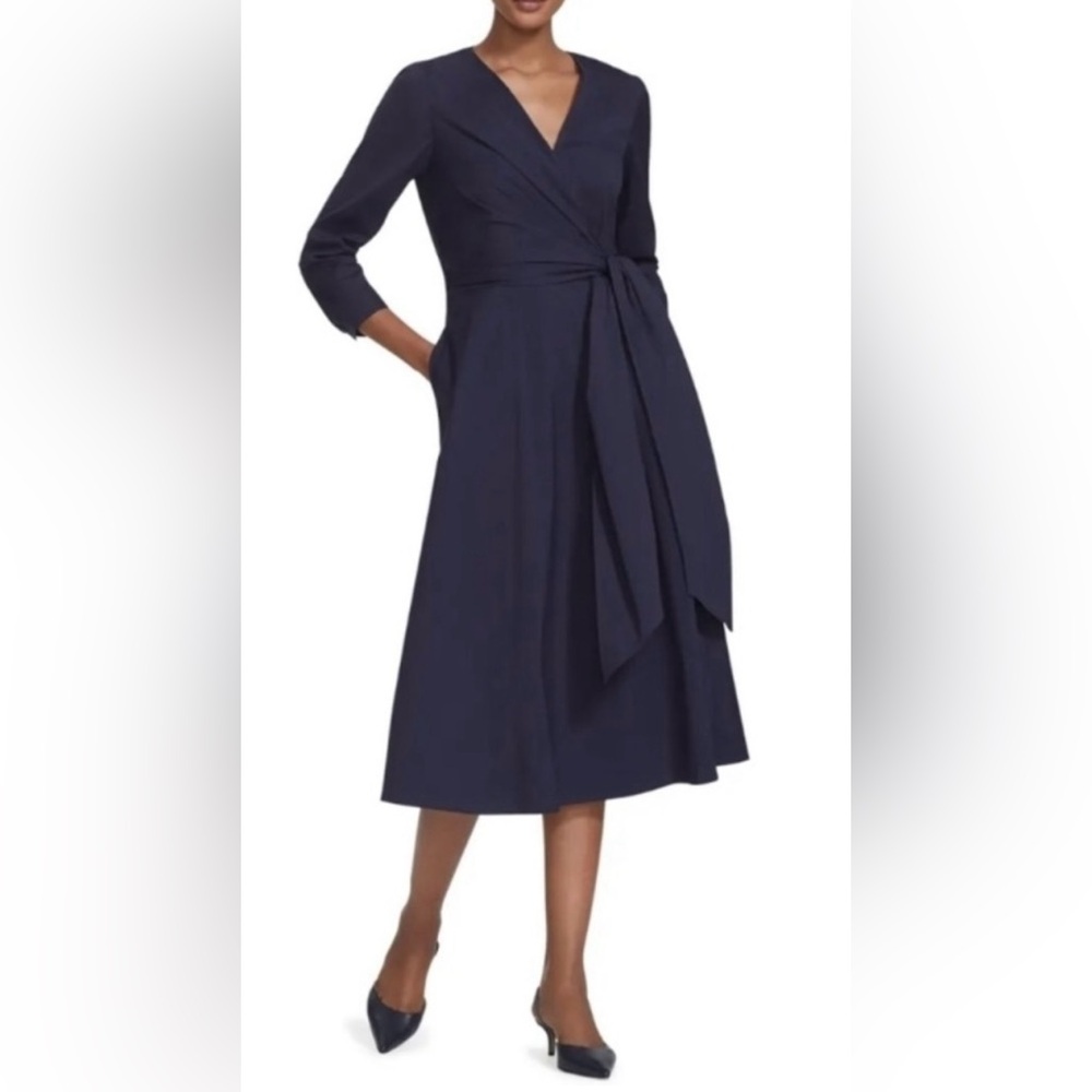 NWOT - Lafayette 148 Navy faux wrap 3/4 sleeve Penelope Dress (sz 14)